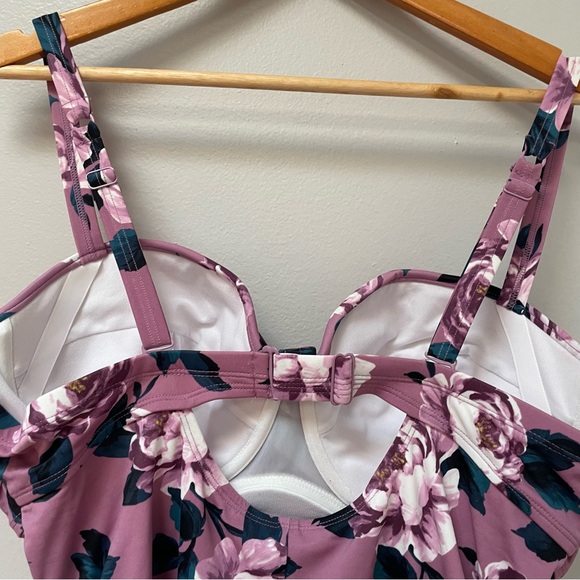 TORRID 2X Underwire Ruched Tie-Front One Piece Swimsuit lavender floral - Picture 8 of 9
